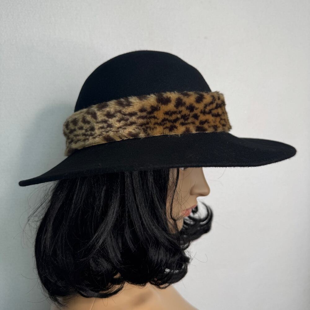 Vintage 1980s Black Wool Felt Wide Brim Hat Leopard Faux Fur Made USA 22” - Picture 8 of 14